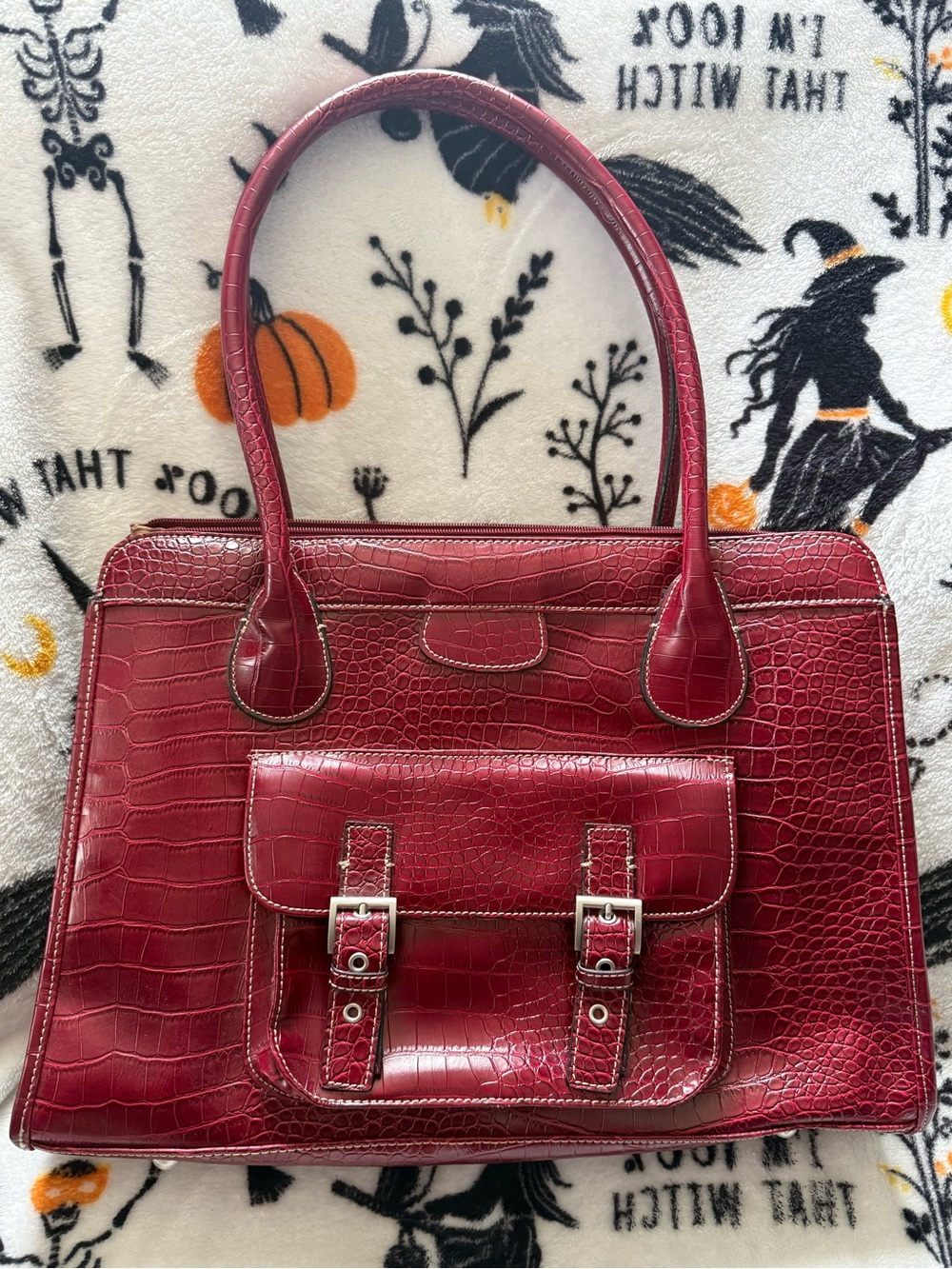 Structured Croc Garnet Red tote Laptop bag with Front Buckle Pocket